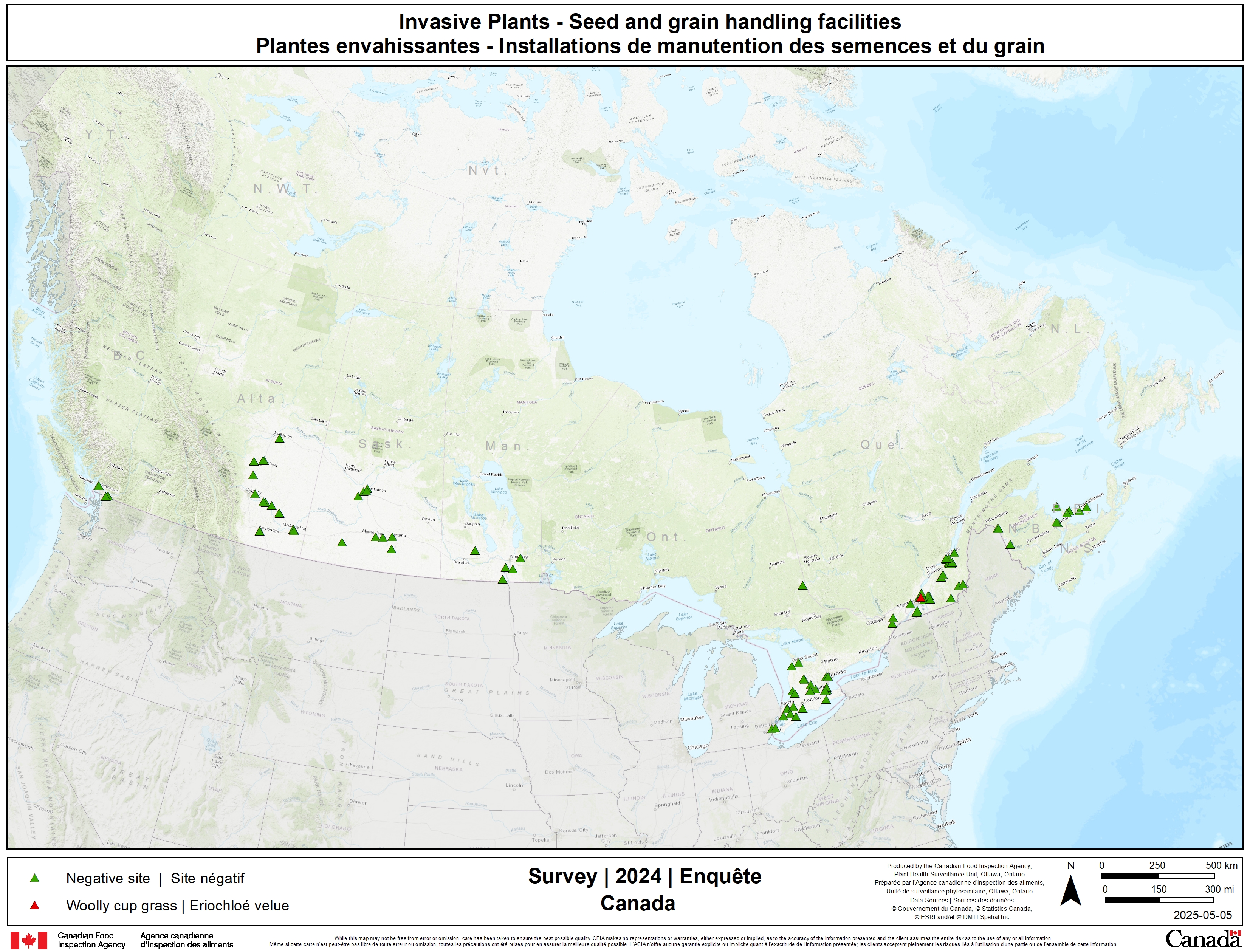 Locations of grain handling facilities that have been surveyed