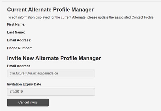 Screen capture of Invite New Alternate Profile Manager screen. Description follows.