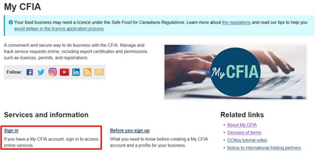 Screen capture of My CFIA landing page. Description follows.