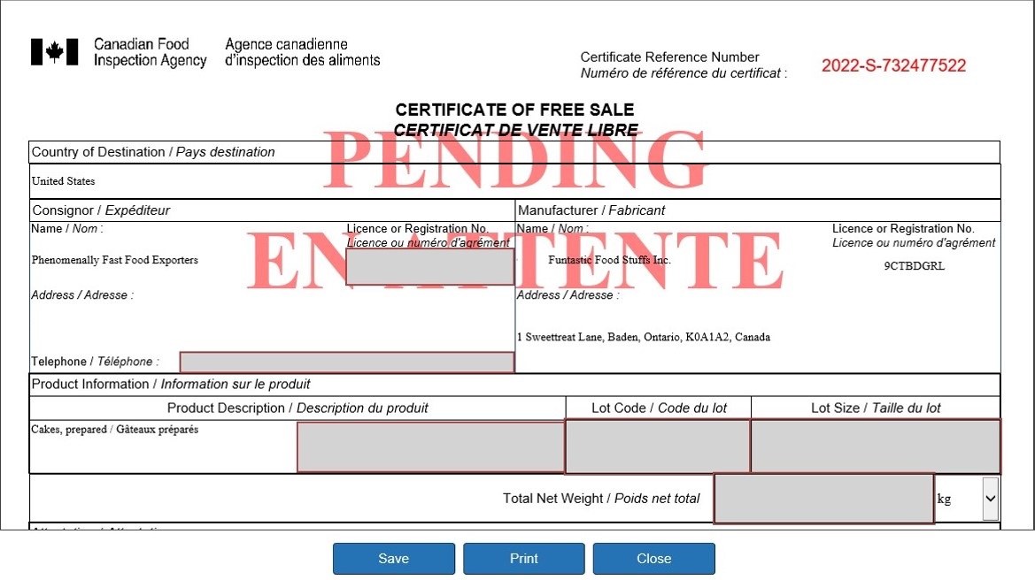 Picture - Pending Certificate of Free Sale. Description follows.