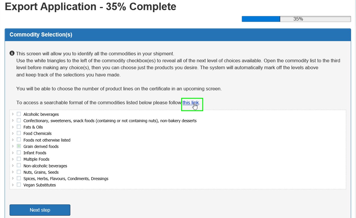 Picture - Commodity selection(s). Description follows.