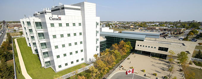 Photograph - Winnipeg Laboratory - Aerial shot of building, main entrance