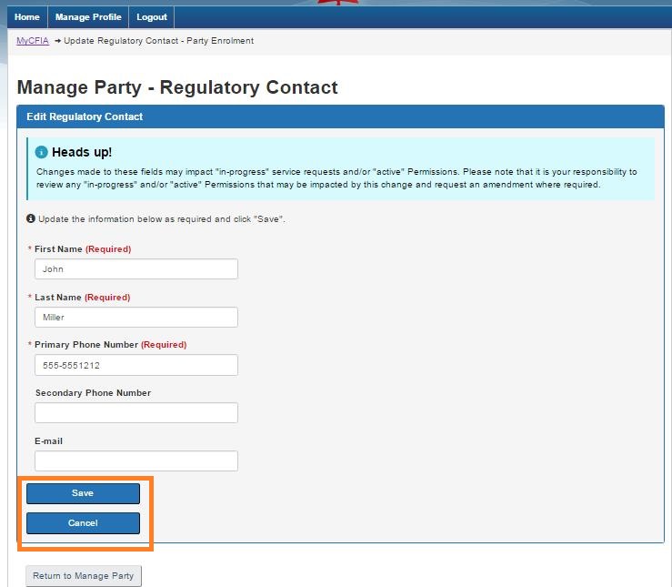 Screen capture of the Manage Party – Edit Regulatory Contact screen with the Save and Cancel buttons circled. Description follows.
