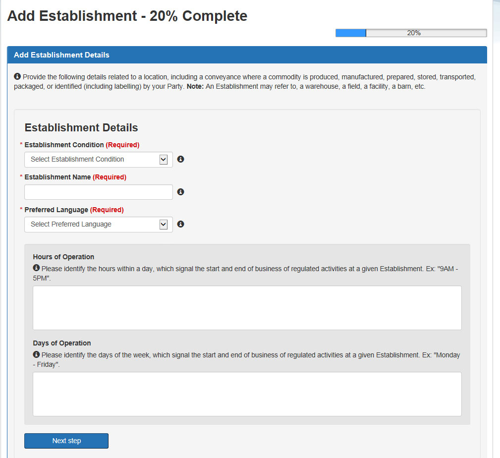 screen capture of the Add Establishment Details screen. Description follows
