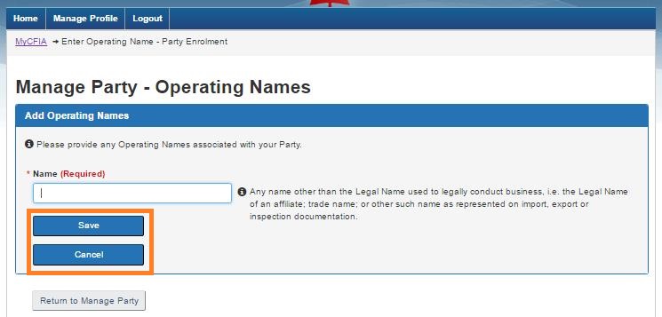 Screen capture of the Manage Party – Operating Names screen with the Save and Cancel buttons highlighted. Description follows.