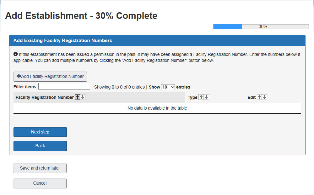 Screen capture of the Add Existing Facility Registration Numbers screen. Description follows.