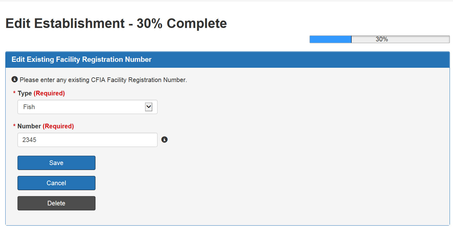 Screen capture of the Edit Existing Facility Registration Number. Description follows.