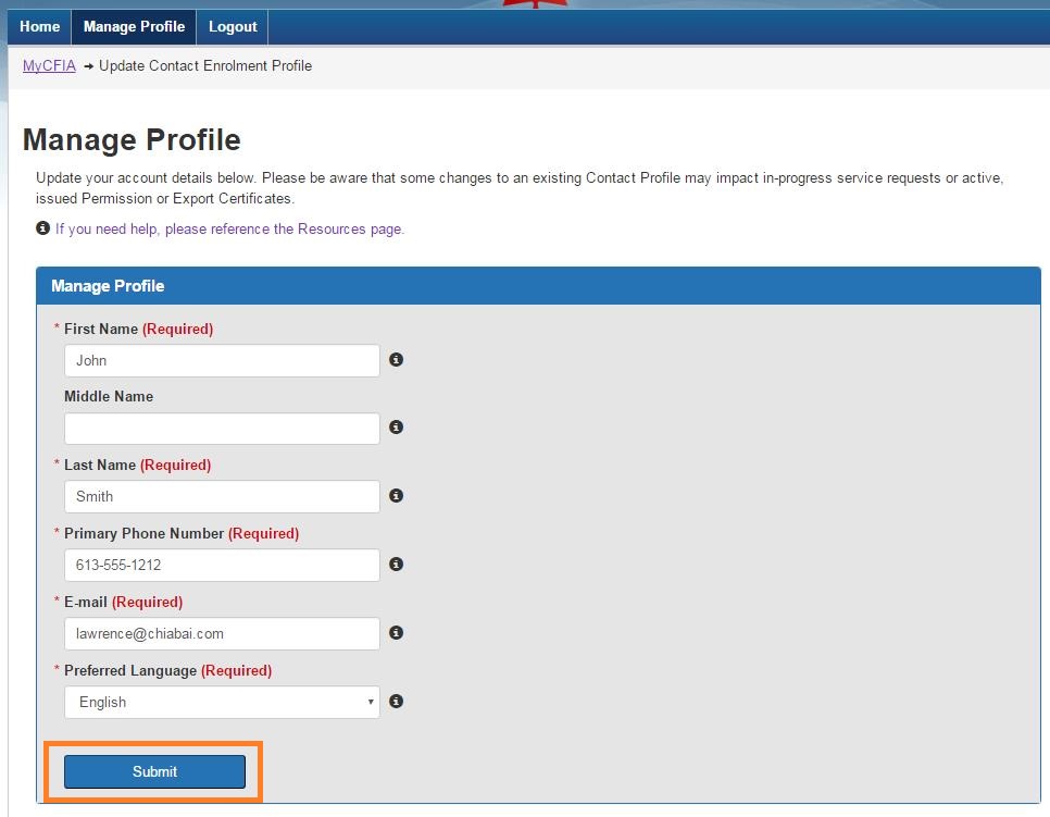 Screen capture of the Manage Profile screen. Description follows.