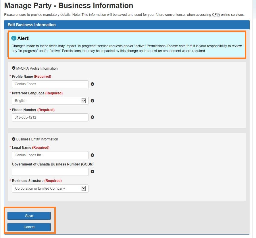 Screen capture of the Manage Party: Edit Business Information screen. Description follows.