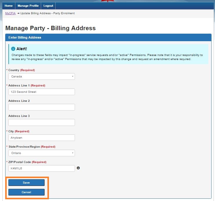 Screen capture of the Manage Party: Enter Billing Address screen. Description follows.