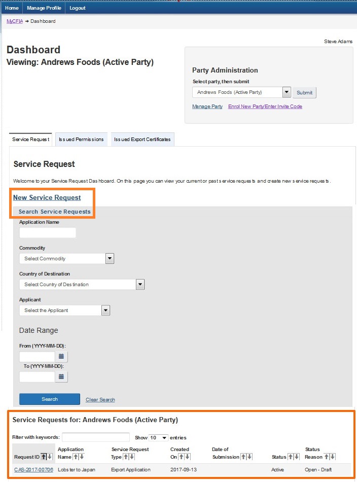 Screen capture of the My CFIA dashboard with New Service Request button and the Search Service Requests link circled and the Service Requests table circled.