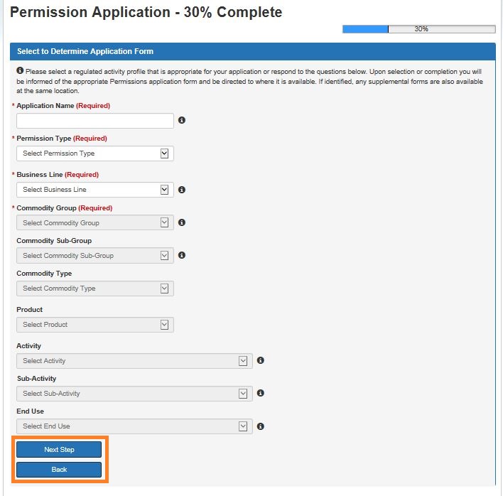 Screen capture of the Permission Application – Select to Determine Application Form page. Description follows.