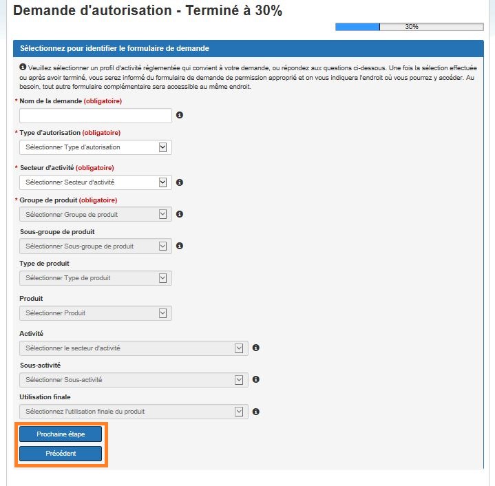 Saisie d'écran de la Demande de permission – Page Sélectionnez pour identifier le formulaire de demande. Description ci-après.