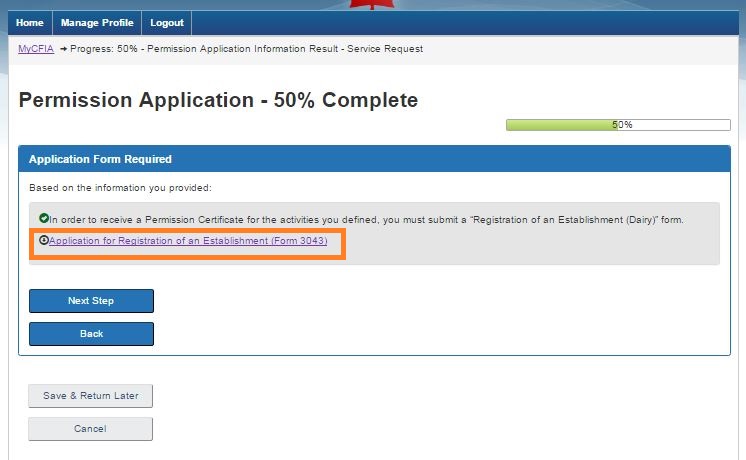 Screen capture of the Permission Application – Application Form Required with Application for Registration of an Establishment (Form 3043) circled