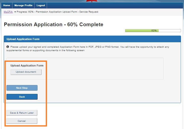 Screen capture of the Permission Application – Upload Application Form with Upload document button circled, Next Step button circled, Back button circled, Save and Return Later button circled and Cancel button circled