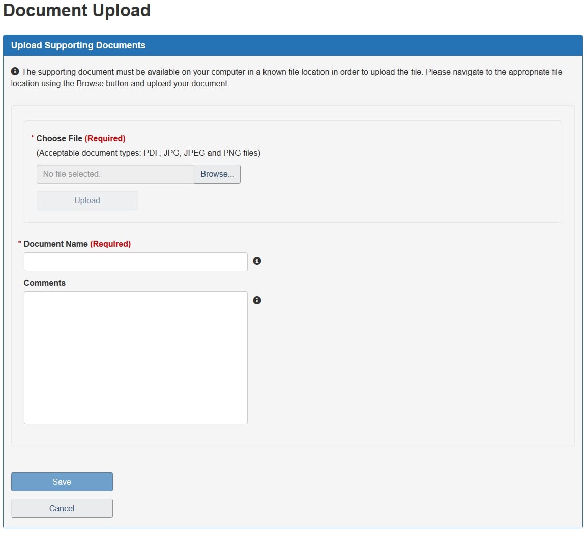 Upload Supporting Documents section. Description follows.