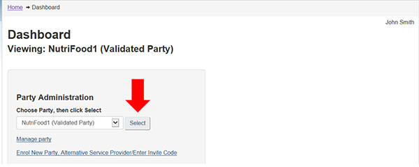screen capture of the My CFIA dashboard page, showing how to select the correct party from the drop down list.