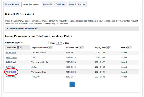 Screen capture of the Issued Permissions Dashboard. Description follows.