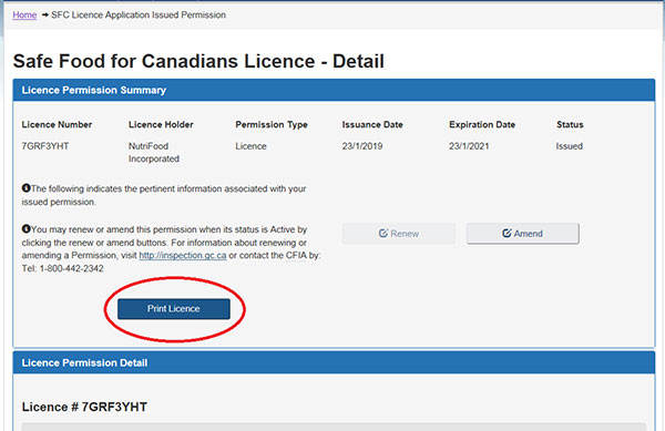 screen capture of the Safe Food for Canadians Licence – Detail. Desciption follows.