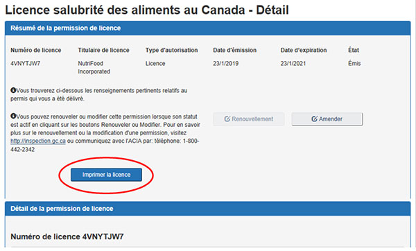 Capture d'écran de la licence relative à la salubrité des aliments pour les Canadiens – détails. Une description suit.