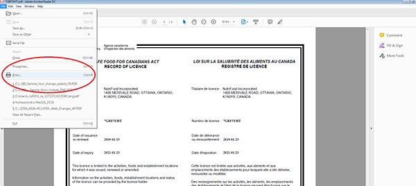 screen capture of the downloaded Safe Food for Canadians Licence file.