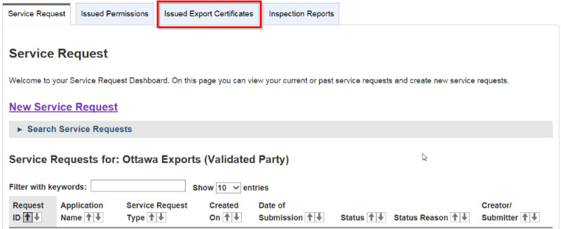 Screen capture of the Issued Export Certificates.