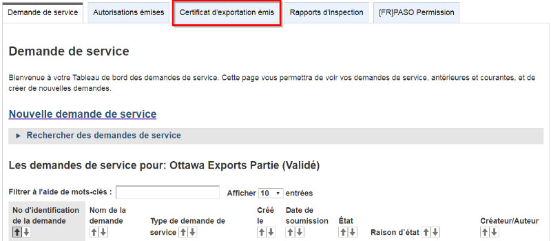 Capture d'écran du Certificat d'exportation émis.