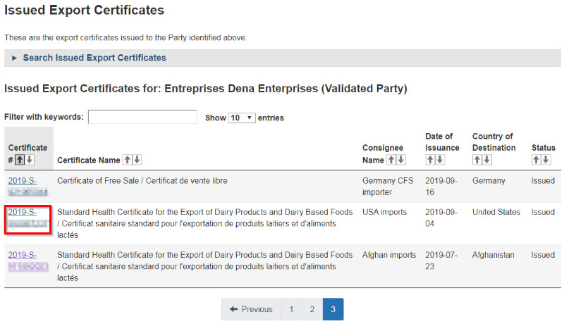 Screen capture of the Issued Export Certificates dashboard. Description follows.