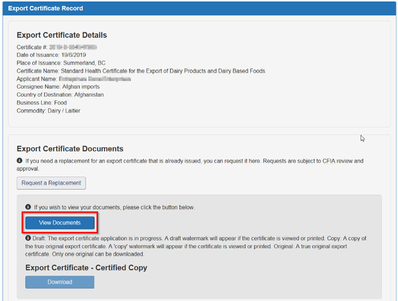 Screen capture of the Export Certificate Record screen. Description follows.