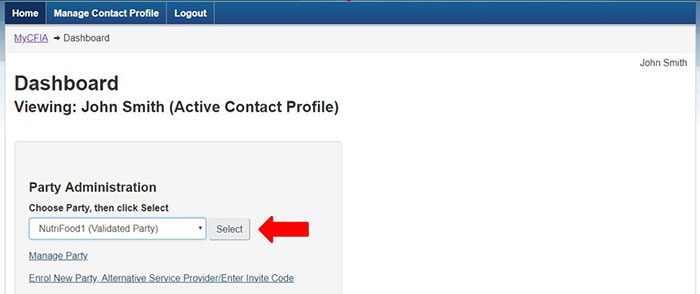 screen capture of the My CFIA dashboard page, showing how to select the correct party from the drop down list.