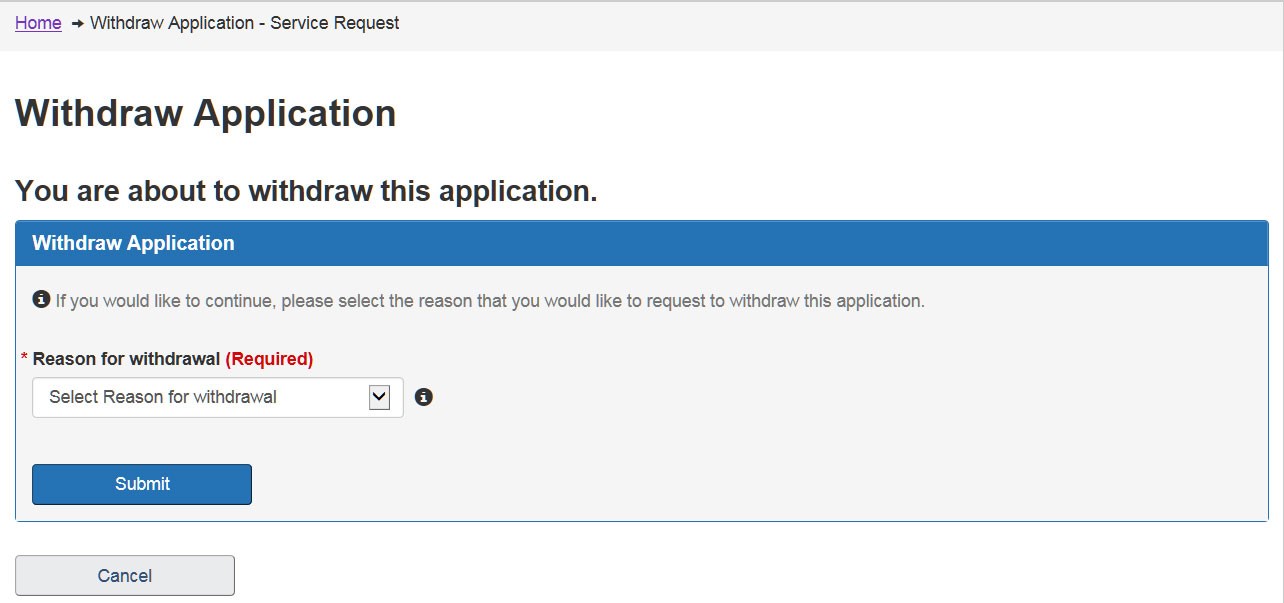 screen capture of Withdraw Application. Description follows.