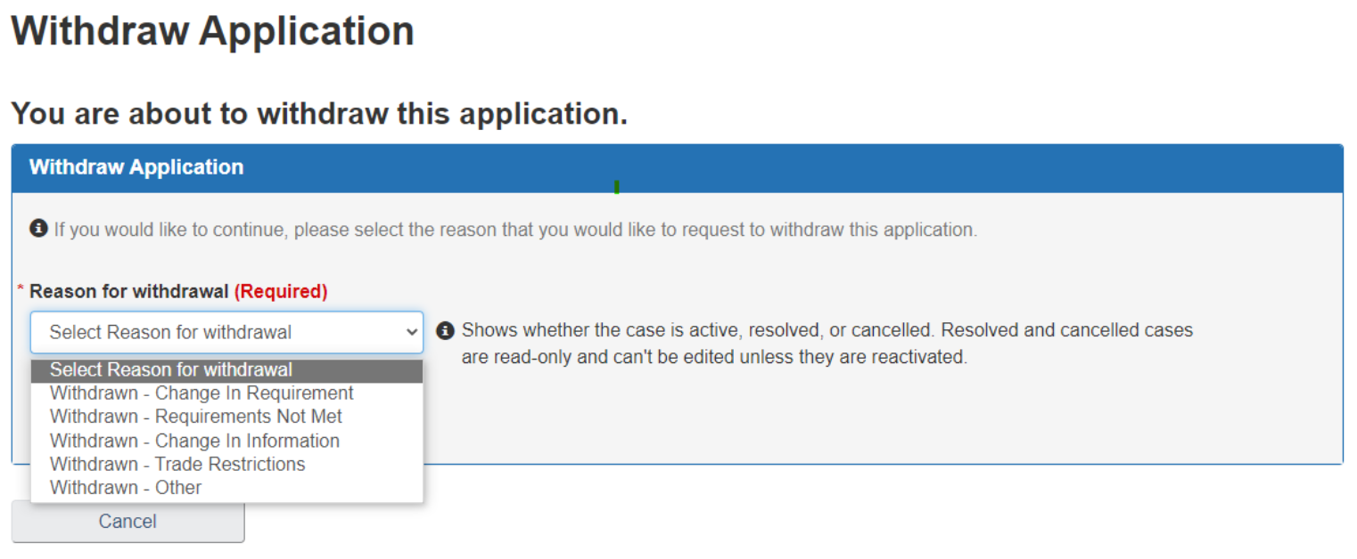 screen capture of Withdraw Application. Description follows.