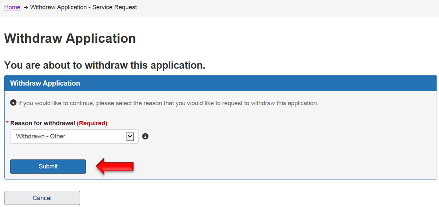 screen capture of Withdraw Application. Description follows.