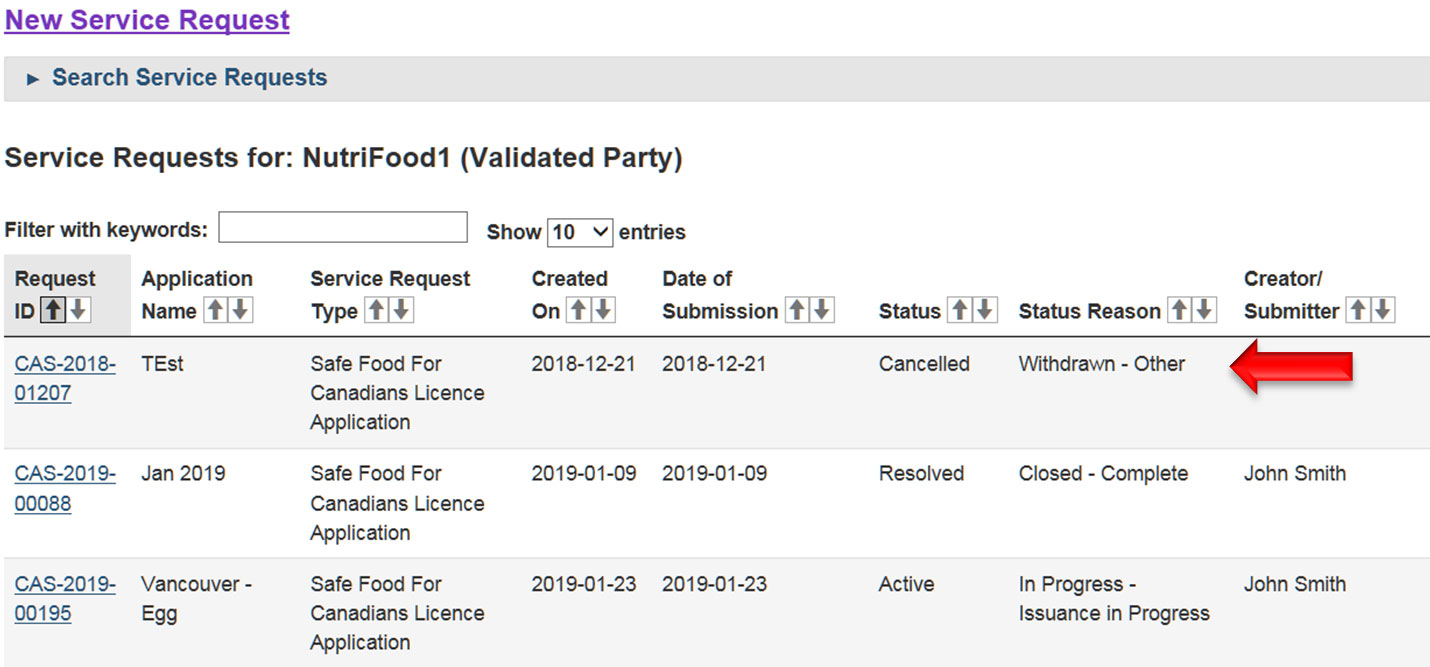 screen capture of the Service Request Dashboard. Description follows.