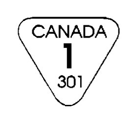 Contour d'un triangle inversé avec le texte suivant inscrit et centré à l'intérieur : le mot CANADA, en caractères gras et en lettres majuscules, en-dessous est inscrit le chiffre 1, et tout en bas est inscrit le nombre 301. Le texte CANADA 1 est un exemple de la catégorie de rendement, tandis que le nombre 310 est un exemple de numéro de code du classificateur.