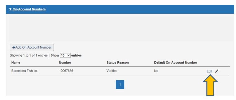 Screen capture of "On-Account Numbers" drop-down menu. Description follows.