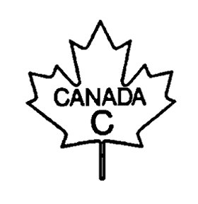 Contour d'une feuille d'érable avec le texte suivant inscrit et centré à l'intérieur : le mot CANADA, et en-dessous la lettre C, le tout en caractères gras majuscules. Le texte CANADA C est le nom de la catégorie bilingue de la carcasse de volaille.