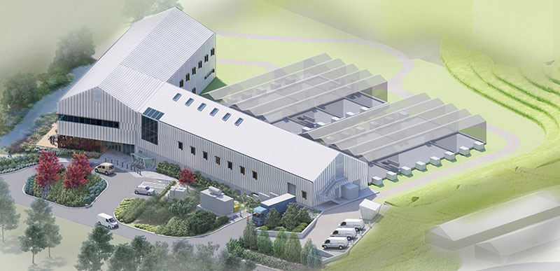 Design concept of the new facility at the Sidney Centre for Plant Health, aerial view from the northwest