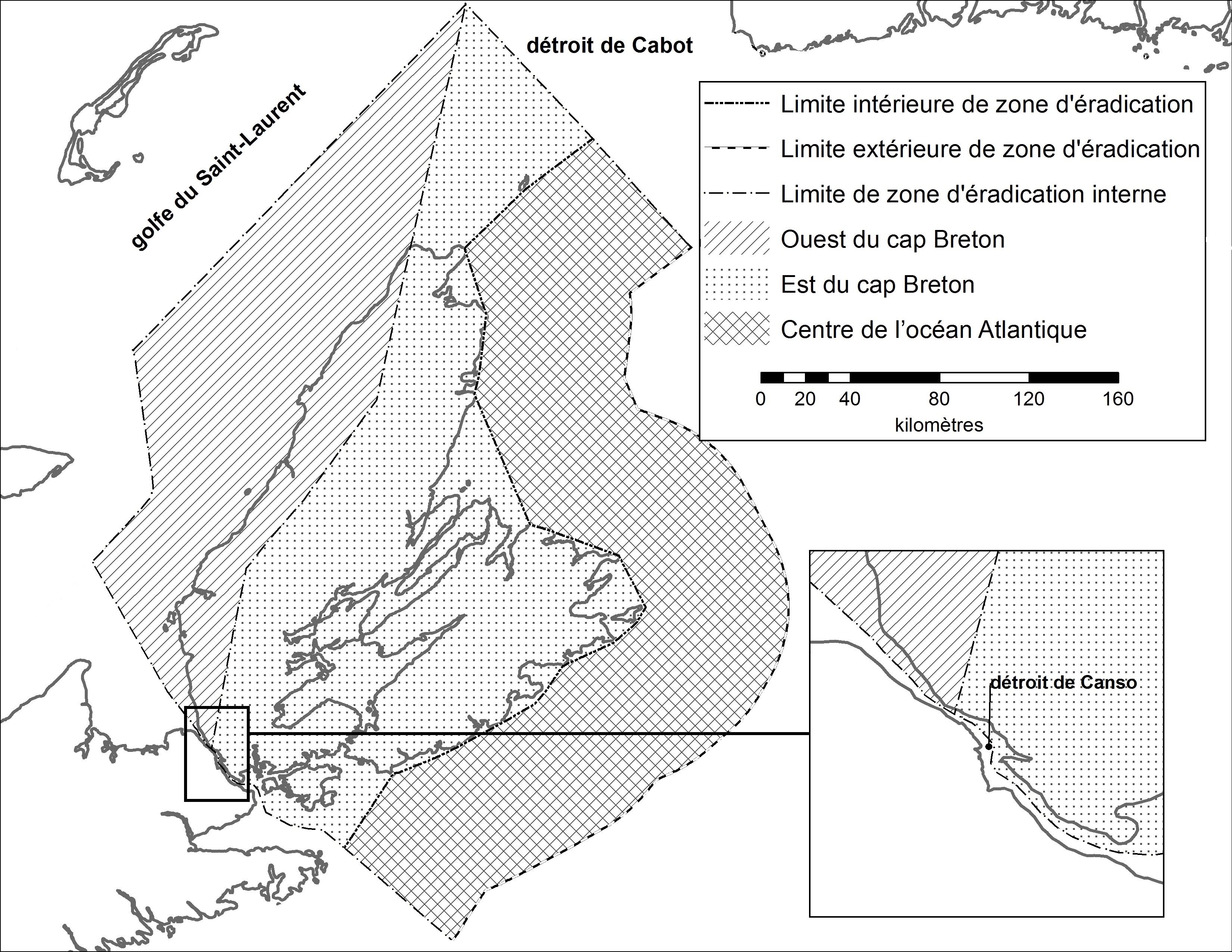 Cap-Breton – Carte des régions déclarées. Description ci-dessous.