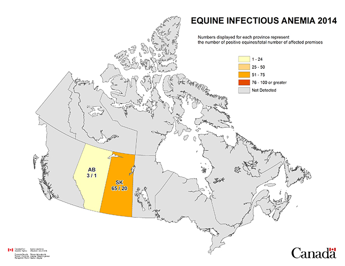 Map - confirmed cases of equine infectious anemia, by province, in Canada in 2014. Description follows.
