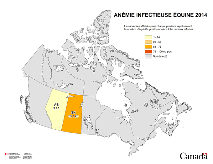 Carte - le nombre de cas confirmés de l'anémie infectieuse des équidés, par province, au Canada en 2014. ci-dessous