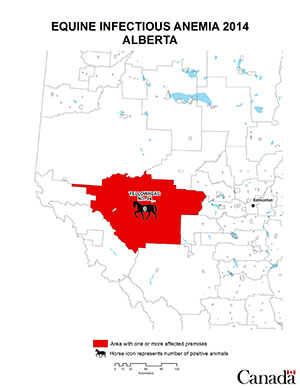 Map - Equine Infectious Anemia 2014, Alberta. Description follows.