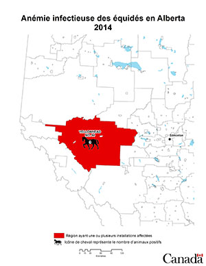 Carte - anémie infectieuse des équidés en Alberta 2014. Description ci-dessous