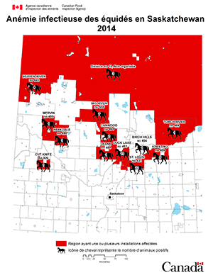 Carte - anémie infectieuse des équidés en Saskatchewan 2014. Description ci-dessous