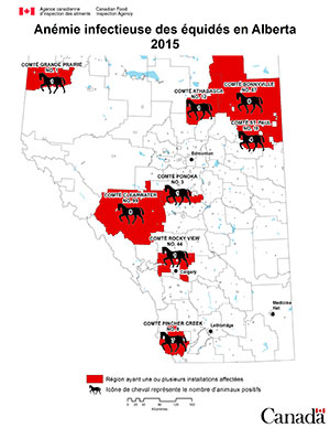 Carte - anémie infectieuse des équidés en Alberta 2015. Description ci-dessous
