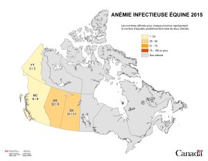 Carte - anémie infectieuse des équidés en Canada 2015. Description ci-dessous