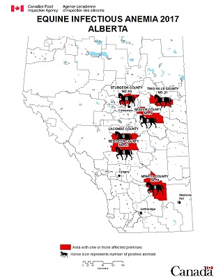 Map - Equine Infectious Anemia 2017, Alberta. Description follows.