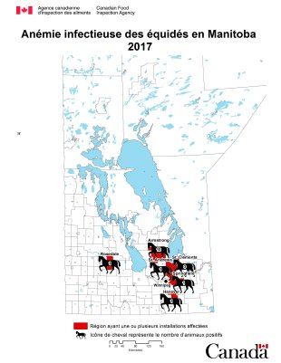 Carte - anémie infectieuse des équidés en Manitoba 2017. Description ci-dessous
