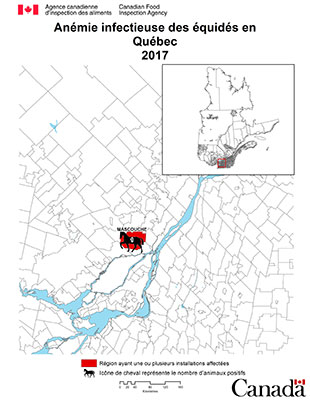 Carte - anémie infectieuse des équidés au Québec 2017. Description ci-dessous
