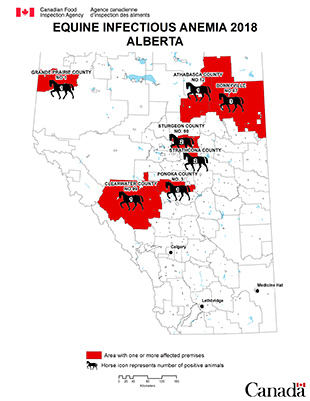 Map - Equine Infectious Anemia 2018, Alberta. Description follows.